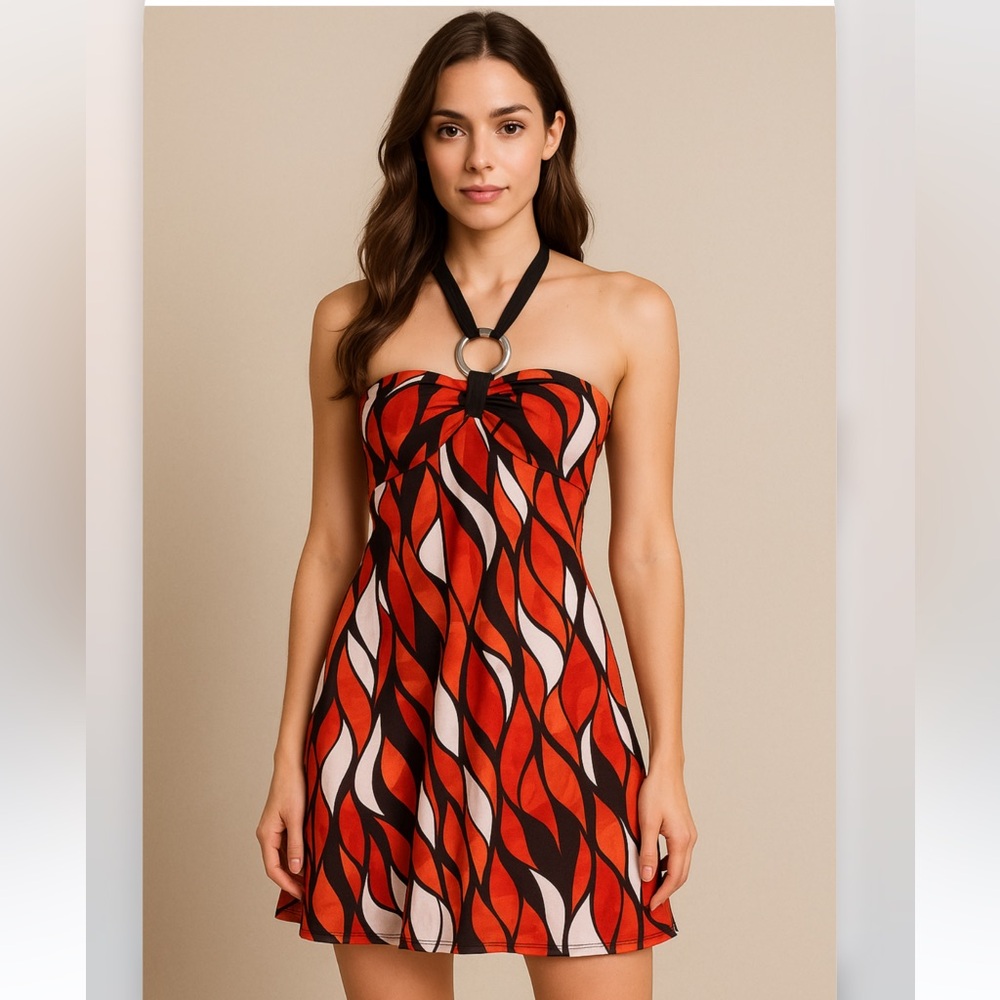 Vintage Stretchy Halter Neck Reddish Orange and Black Dress